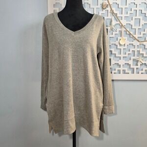 White Birch Womens Heather Gray V-Neck Long Sleeve Tunic Top Side Slit Size M